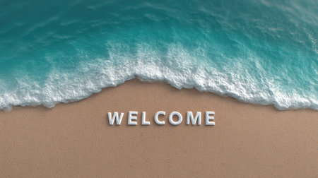 This image showcases a welcome message crafted in bold white letters on sandy beach, with gentle ocean waves lapping at the shore, perfect for travel or vacation themes.の素材