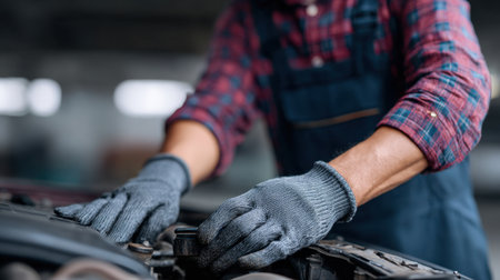 A skilled mechanic carefully inspects and repairs a vehicle engine in a modern automotive workshop, showcasing attention to detail and professionalism.の素材