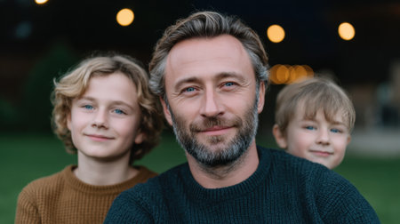 A joyful father enjoys a warm evening outdoors with his two children, capturing a moment of love and laughter amidst soft glowing lights and nature.の素材