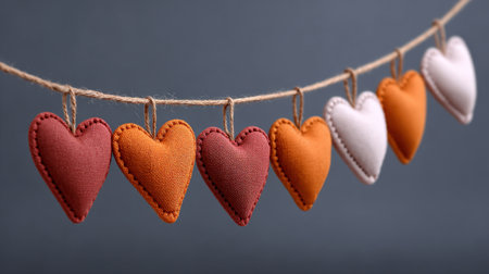A delightful arrangement of colorful fabric hearts hanging from a twine string, perfect for decorations, celebrations, or cozy home accents.の素材