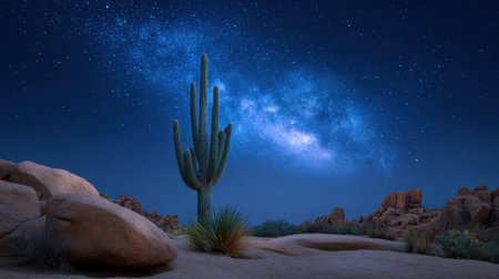A stunning desert scene featuring a solitary cactus against a backdrop of twinkling stars and rocky terrain, evoking peace and wonder in nature.の素材