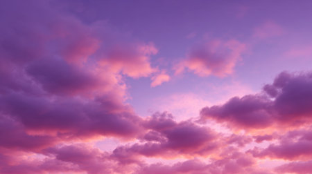 A breathtaking sunset sky showcasing vibrant purple clouds gently illuminated by soft light, creating a tranquil and dreamy atmosphere against the horizon.の素材