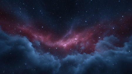 Explore the enchanting beauty of a vast cosmic scene featuring a dark nebula and a star-filled sky, enveloped in serene clouds, evoking wonder and tranquility.の素材