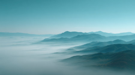 Experience the beauty of a misty mountain landscape at dawn, showcasing soft blue tones and serene valleys that evoke calm and tranquility.の素材