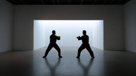 Two martial artists engage in a dynamic practice session, silhouetted against a stark, modern studio background. The scene emphasizes movement and discipline.の素材