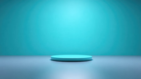 A captivating minimalist studio scene featuring a turquoise background and a smooth circular platform. Ideal for product photography, showcasing elegance.の素材
