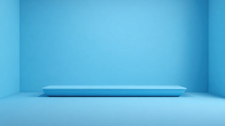 This captivating image features a minimalist interior space with a striking blue color theme. An empty display platform sits centrally, inviting creativity and inspiration for exhibitions or presentations.の素材