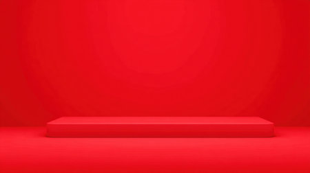 A vibrant and minimalist red stage with soft lighting, perfect for presentations or product displays. This empty platform highlights creativity and modern design.の素材