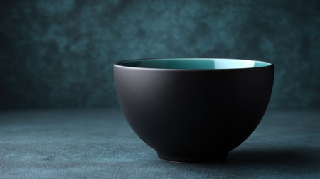 This photograph showcases an elegant black bowl with a striking turquoise interior, positioned on a textured surface and illuminated by soft light, creating a serene and sophisticated atmosphere.の素材