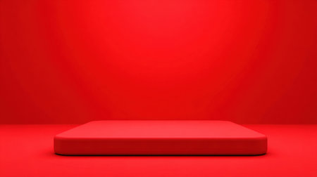 A bright red studio background featuring a minimalist display platform. Ideal for product showcases, creative presentations, and artistic photography.の素材