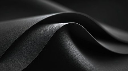 This close-up image captures the beauty of smooth black fabric, showcasing elegant waves and a subtle texture illuminated by dramatic lighting.の素材
