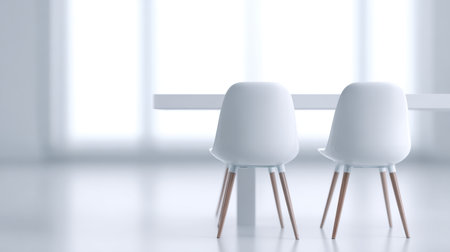 A serene and bright interior featuring two modern minimalist chairs beside a simple table, showcasing a clean and inviting atmosphere in a spacious setting.の素材