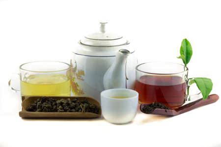 Red tea and oolong tea isolated backgroundの写真素材