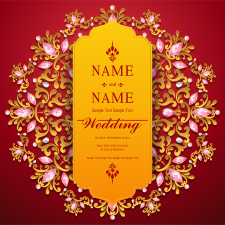 Wedding Invitation card templates with gold patterned and crystals on background color.のイラスト素材