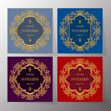 Wedding Invitation card templates with gold patterned and crystals on background color.のイラスト素材