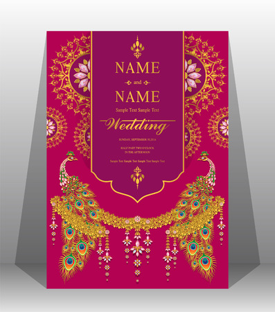 Wedding invitation card templates with gold patterned and crystals on background color.のイラスト素材