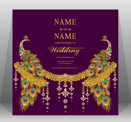 Wedding invitation card templates with gold patterned and crystals on background color.のイラスト素材