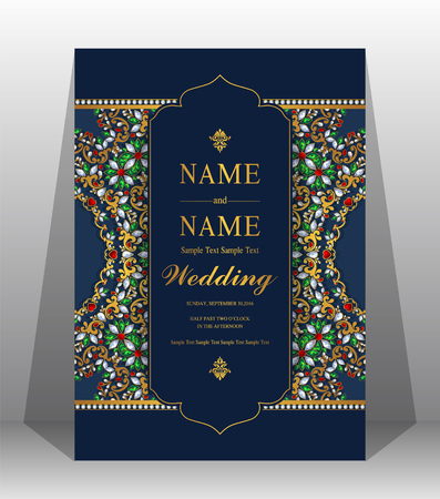 Wedding Invitation card templates with gold patterned and crystals on background color.のイラスト素材