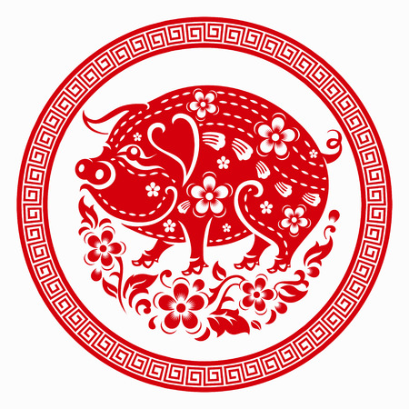 Happy chinese new year 2019 Zodiac sign with red paper cut art and craft style on color Background.(Chinese Translation : Year of the pig)のイラスト素材