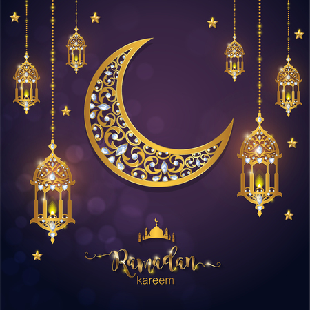 Ramadan Kareem greeting background Islamic with gold patterned and crystals on paper color background.のイラスト素材