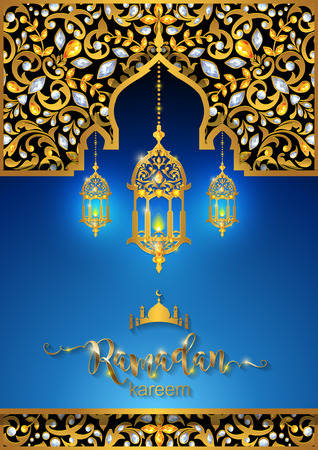 Ramadan Kareem greeting background Islamic with gold patterned and crystals on paper color background.のイラスト素材