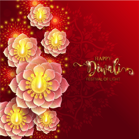 Happy Diwali festival card with gold diya patterned and crystals on paper color Background.のイラスト素材