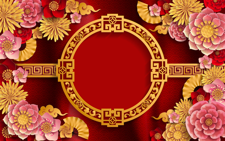 chinese oriental wedding Invitation card templates with beautiful patterned on paper color Background.のイラスト素材