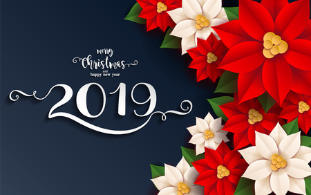 Merry Christmas And Happy New Year 2019 Background beautiful flower paper cut art and craft style on color Background.のイラスト素材