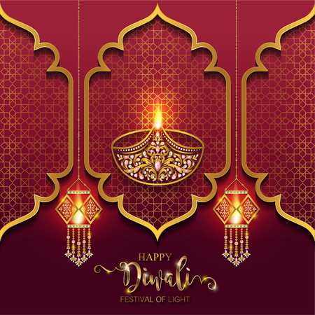 Happy Diwali festival card with gold diya patterned and crystals on paper color Background.のイラスト素材