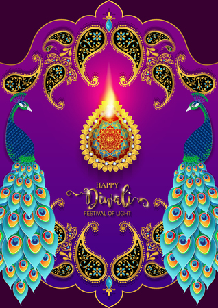 Happy Diwali festival card with gold diya patterned and crystals on paper color Background.のイラスト素材