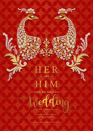 Indian wedding Invitation card templates with gold patterned and crystals on paper color Background.のイラスト素材