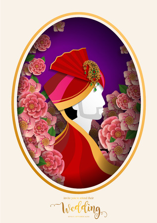 Indian wedding Invitation card templates with gold patterned and crystals on paper color Background.のイラスト素材