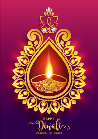 Diwali or Deepavali  the festival of lights india with gold diya patterned and crystals on paper color Background.のイラスト素材