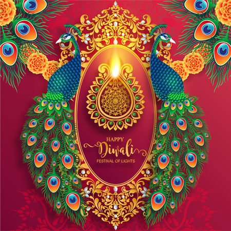 Diwali or Deepavali  the festival of lights india with gold diya patterned and crystals on paper color Background.のイラスト素材