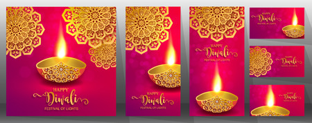 Happy Diwali festival card with gold diya patterned and crystals on paper color Background.のイラスト素材