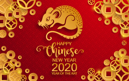 Happy Chinese New Year 2020 Zodiac Sign With Gold Rat Paper Cut
