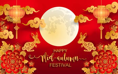 Mid Autumn festival or Moon festival with rabbit and moon, mooncake ,flower,chinese lanterns with gold paper cut style on color Background. ( Translation : Mid Autumn festivalのイラスト素材