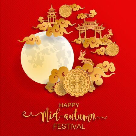 Mid Autumn festival or Moon festival with rabbit and moon, mooncake ,flower,chinese lanterns with gold paper cut style on color Background. ( Translation : Mid Autumn festivalのイラスト素材