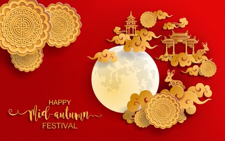 Mid Autumn festival or Moon festival with rabbit and moon, mooncake ,flower,chinese lanterns with gold paper cut style on color Background. ( Translation : Mid Autumn festivalのイラスト素材