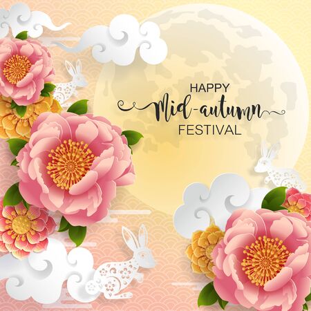 Mid Autumn festival or Moon festival with rabbit and moon, mooncake ,flower,chinese lanterns with gold paper cut style on color Background. ( Translation : Mid Autumn festivalのイラスト素材