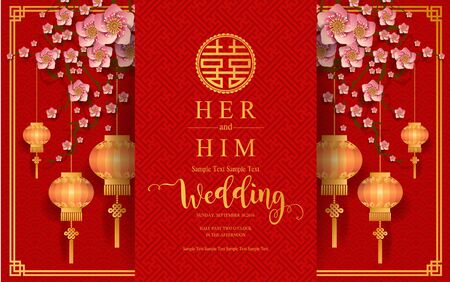chinese oriental wedding Invitation card templates with beautiful patterned on paper color Background.のイラスト素材