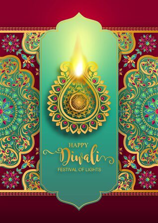 Diwali, Deepavali or Dipavali the festival of lights india with gold diya patterned and crystals on paper color Background.のイラスト素材