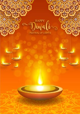 Diwali, Deepavali or Dipavali the festival of lights india with gold diya patterned and crystals on paper color Background.のイラスト素材