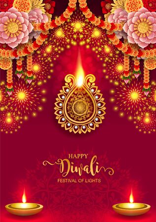 Ilustración de Diwali, Deepavali or Dipavali the festival of lights india with gold diya patterned and crystals on paper color Background. - Imagen libre de derechos