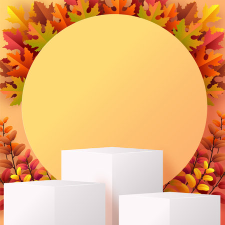 3d podium background products with geometric forms
autumn holiday seasonal background with colorful autumn leaves, mushrooms, owls, golden pods, squirrels, and elements paper cut craft style on color background.のイラスト素材