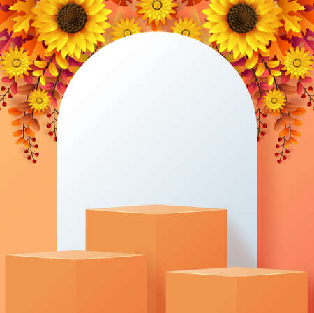 3d podium background products with geometric forms
autumn holiday seasonal background with colorful autumn leaves, mushrooms, owls, golden pods, squirrels, and elements paper cut craft style on color background.のイラスト素材
