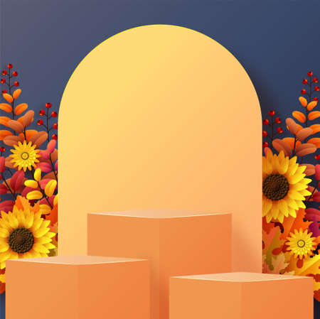 3d podium background products with geometric forms
autumn holiday seasonal background with colorful autumn leaves, mushrooms, owls, golden pods, squirrels, and elements paper cut craft style on color background.のイラスト素材