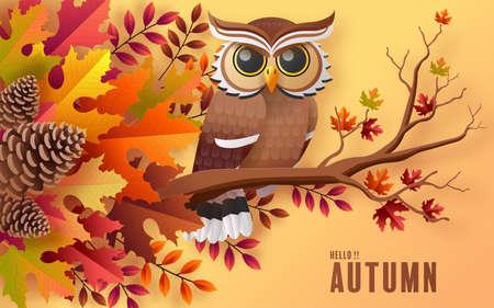 Autumn holiday seasonal background and elements paper cut craft style on color background.のイラスト素材
