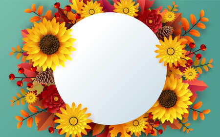 Autumn holiday seasonal background and elements paper cut craft style on color background.のイラスト素材