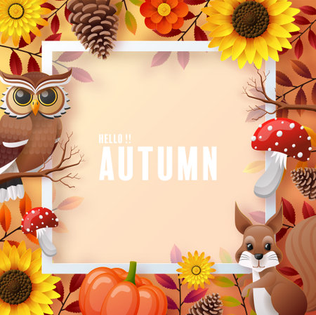 Autumn holiday seasonal background and elements paper cut craft style on color background.のイラスト素材
